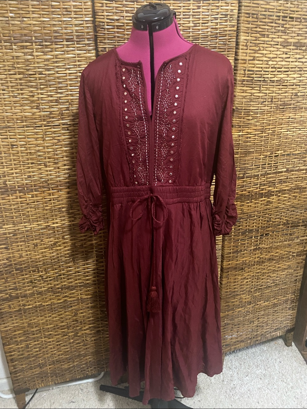 EUC Lane Bryant  burgundy boho beaded drawstring maxi peasant dress 18